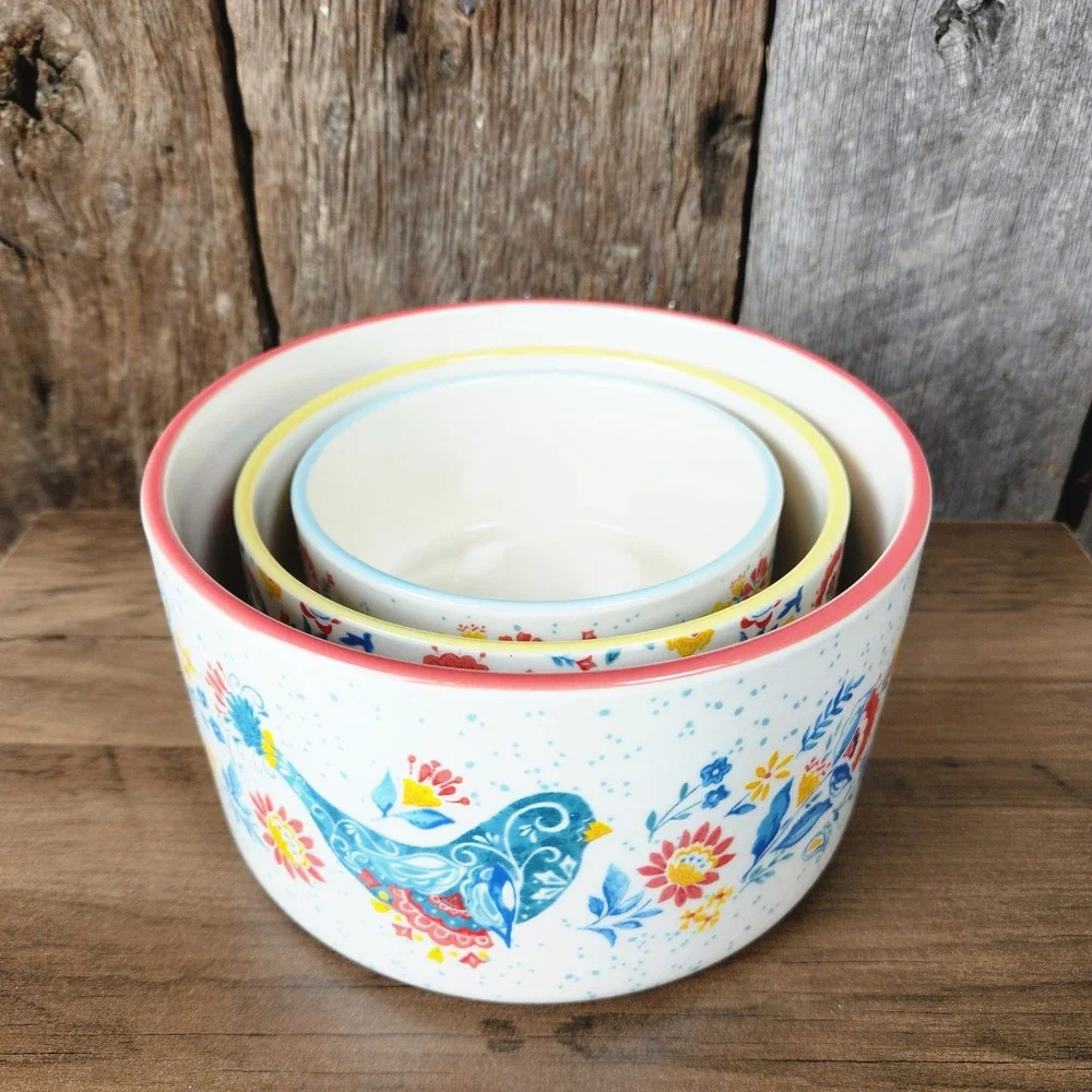 Pioneer Woman Stoneware Nesting Bowls Set of 3 Floral Bird Multi Color Farmhouse